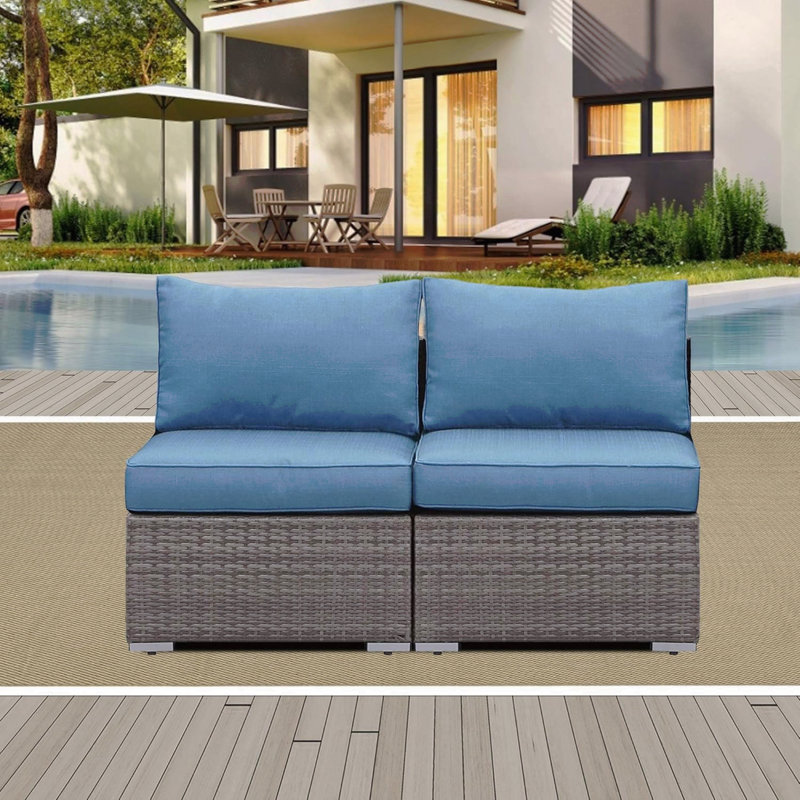 Ensemble de canapé d'extérieur sans accoudoirs en osier de 59,8 po de largeur, ensemble de causeuse de patio 2 pièces avec coussins bleus