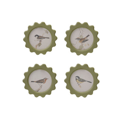 Ensemble de 4 décorations murales en verre encadré de bois avec oiseau