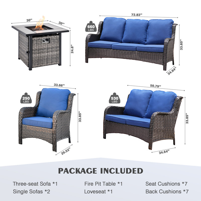 Klodjana Premium All-Weather Wicker 7 - Person Patio Conversation Set with Cushions, Brown, Navy Blue