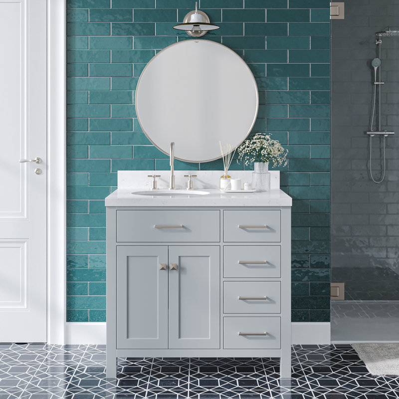 Ensemble de meuble-lavabo simple Macnair avec quartz Carrara blanc, Ovale, Gris, 36"