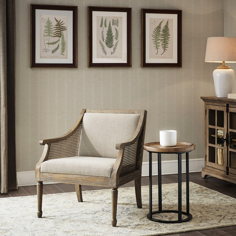 Fauteuil d'appoint avec siège et dossier rembourrés, accoudoirs cannes, l 24,25 po x P 21 po, capacité de poids de 300 lb, sangles en bois massif, coussin de 18 po, h 33,04 po