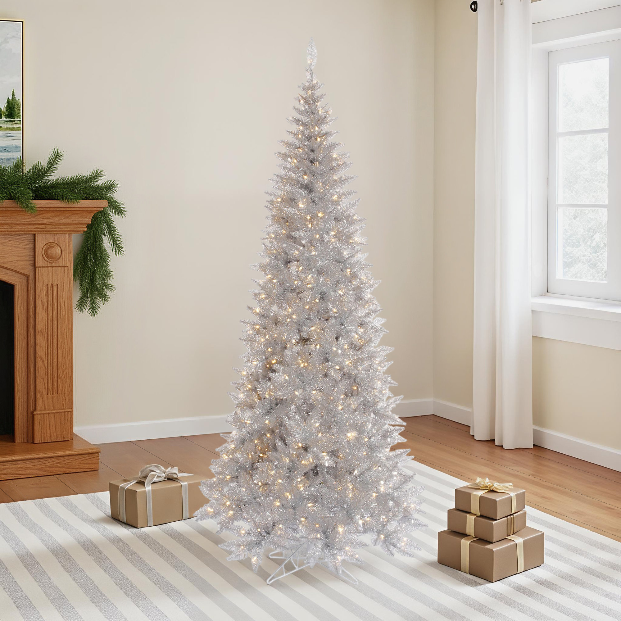 Silver Tinsel Fir Slim Artificial Christmas Tree, 6.5'