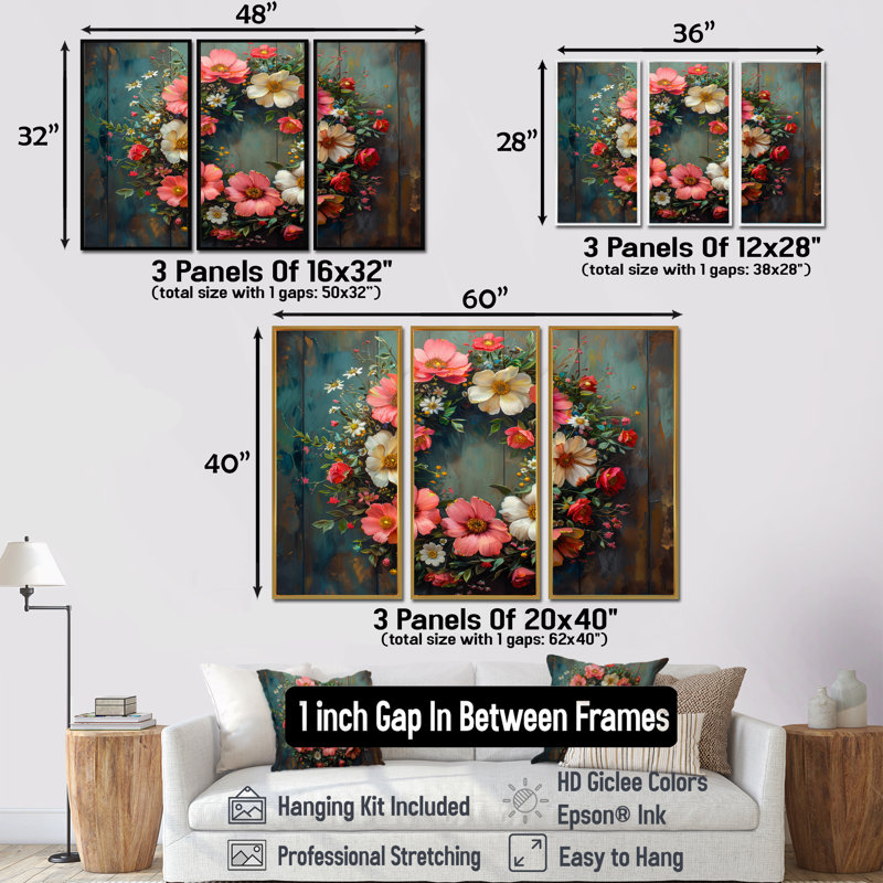 Couronne florale rose et verte - ensemble de décoration murale couronne, H 28 po x l 12 po x P 1 po