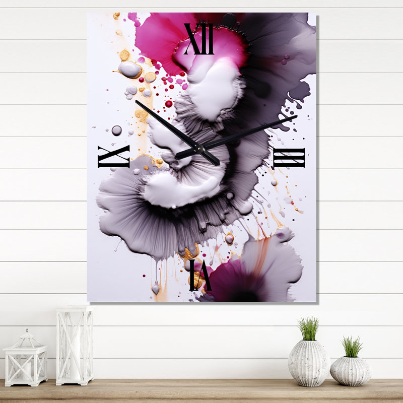 Délicate fluidité magenta et nuages d'encre VII - Peinture abstraite d'horloges murales, Petit