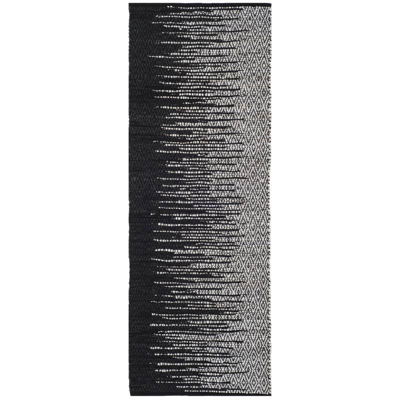 Exley Vintage Leather Hand Woven Leather/Cotton Geometric Rug in Light Gray/Black, Runner 2'3" x 6'