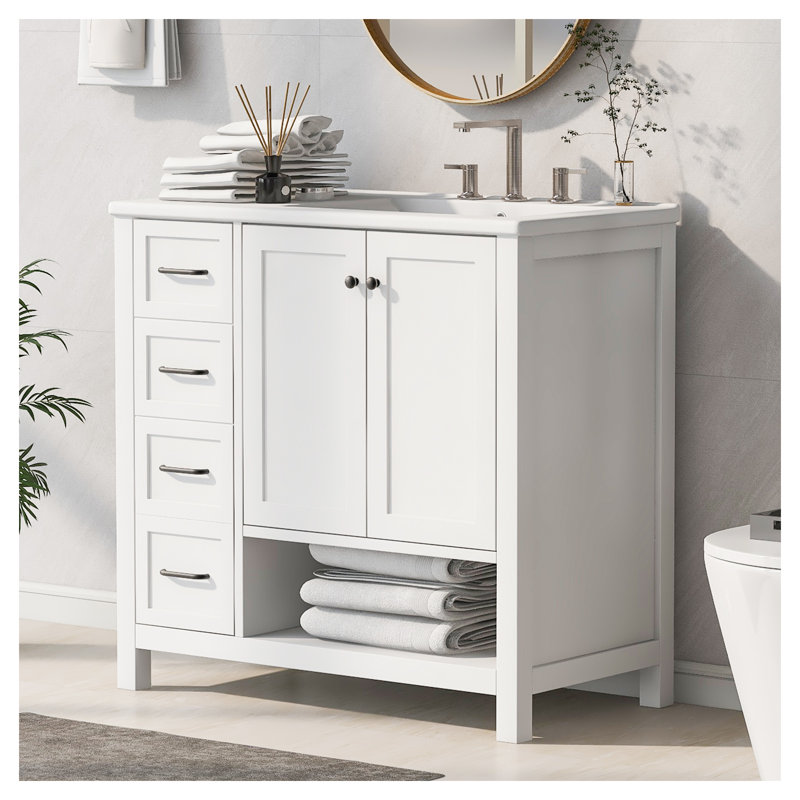 Meuble-lavabo blanc 36 po avec comptoir d'évier - Armoire en bois massif avec deux portes, deux tiroirs et une tablette ouverte