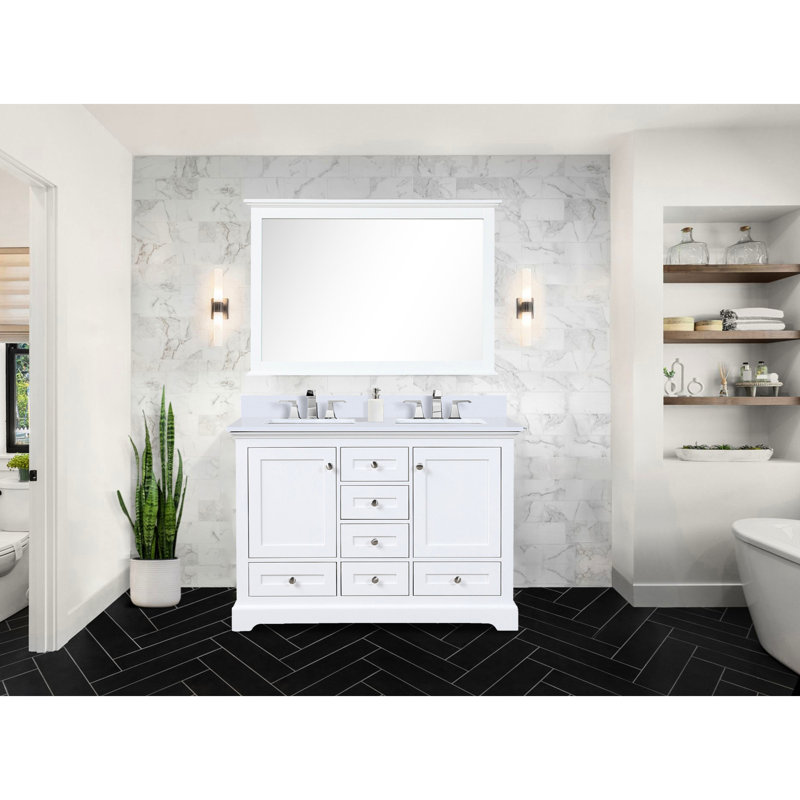 48 po Large meuble-lavabo double blanc, profondeur 22, surface en quartz, miroir de pièce 46 po x P P, comptoir, carré, Blanc
