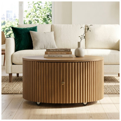 Round Fluted Drum Coffee Table with Dual Hidden Drawers and Rolling Casters, Walnut Finish Solid Wood and MDF Pedestal Center Table for Living Room