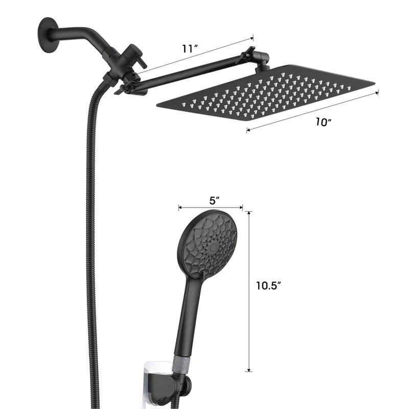 Pomme de douche à main 6 réglages et finition à main en métal noir mat avec échelle de support