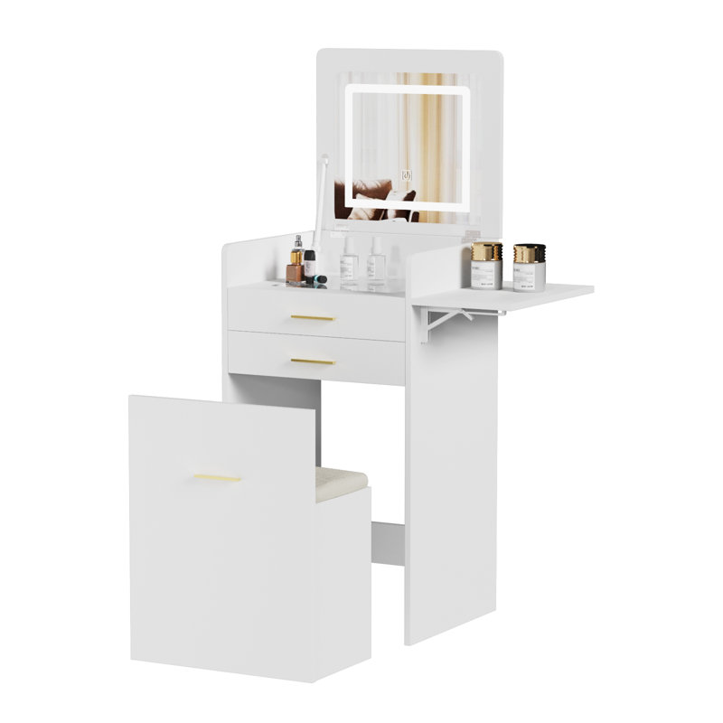 Dressing Table with LED Lighted Mirror, Makeup Vanity Desk with Stool and 2 Drawers, 50CM Desktop Vanity Table, White