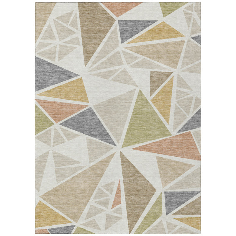 3' X 5' Ivory Brown And Green Geometric Washable Indoor Outdoor Area Rug