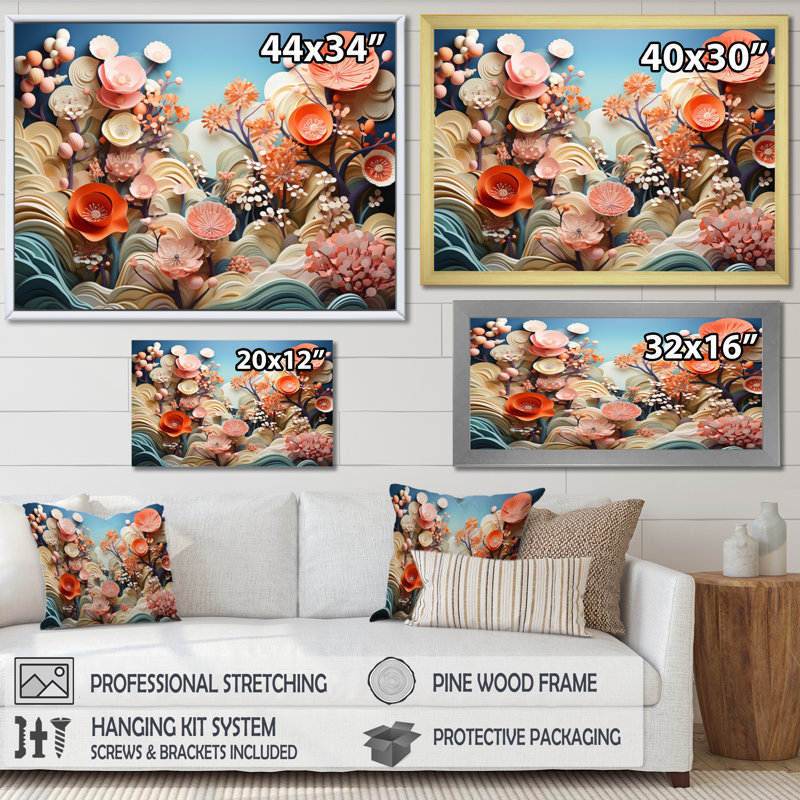 Coral Vibrant Reef Geometric - Coral Canvas Art Print, H 24 po x l 32 po x P 1 po, Encadrement doré