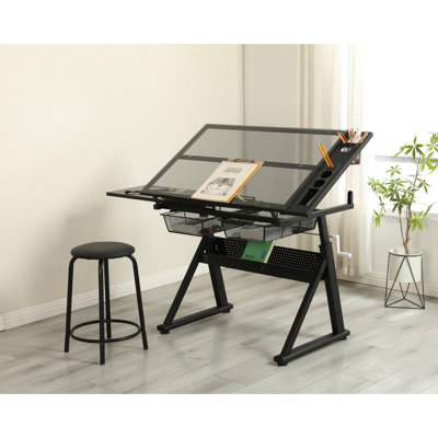 Hand Crank Adjustable Tempered Glass Drafting Table With Chair And Storage For Study - 0 70 Degrees Angle, 29.52" 37.8" Height, 24" Slide Up Pencil Le