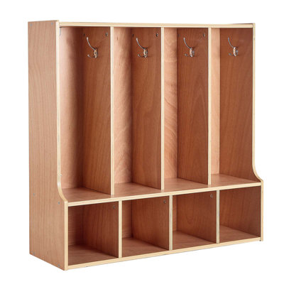 4-Section Kids Coat Locker, Wooden Toddler Cubby Storage Organizer with 8 Hooks & Non-Slip Mat, Modern Kid Coat Cubbies with 4 Small Open Storage Boxes for Home, Kindergarten, Daycare, Natural