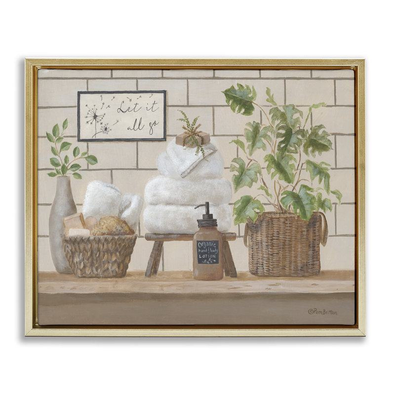 «Comforting Bathroom Spa Still Life», toile encadrée dorée encadrée par Pam Britton, Cadre flottant métallique doré