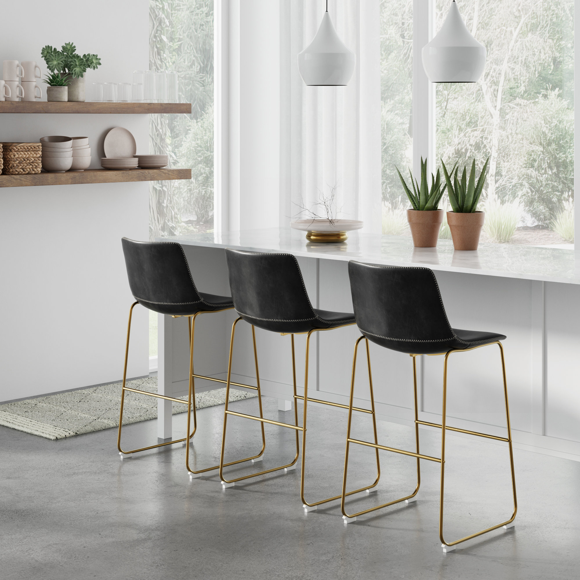 Nia Vegan Leather Bar & Counter Stool, Counter Stool (24" Seat Height), Gold, Black
