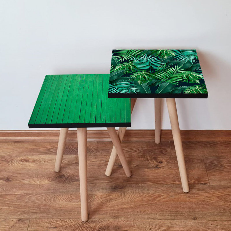 Modern Nesting Table Set (2 Pieces), Green & Navy Blue, 13.8 x 18.5 x 13.8 inches | 100% MDF with Beech Wood Legs, Thickness: 0.7 inches | Stylish & Functional for Living Room, Office, or Study - Space-Saving Design