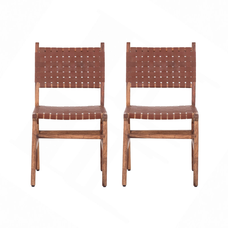 Ensemble de 2 chaises de salle à manger rembourrées, fauteuil d'appoint tissé en cuir véritable, structure en bois franc rustique