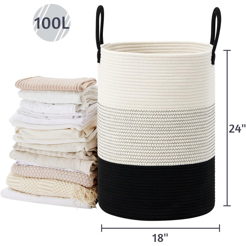 Large Woven Laundry Hamper Basket For Blankets, Toys, And Clothes - Durable Cotton Rope Storage Organizer For Living Room, Bedroom, Bathroom