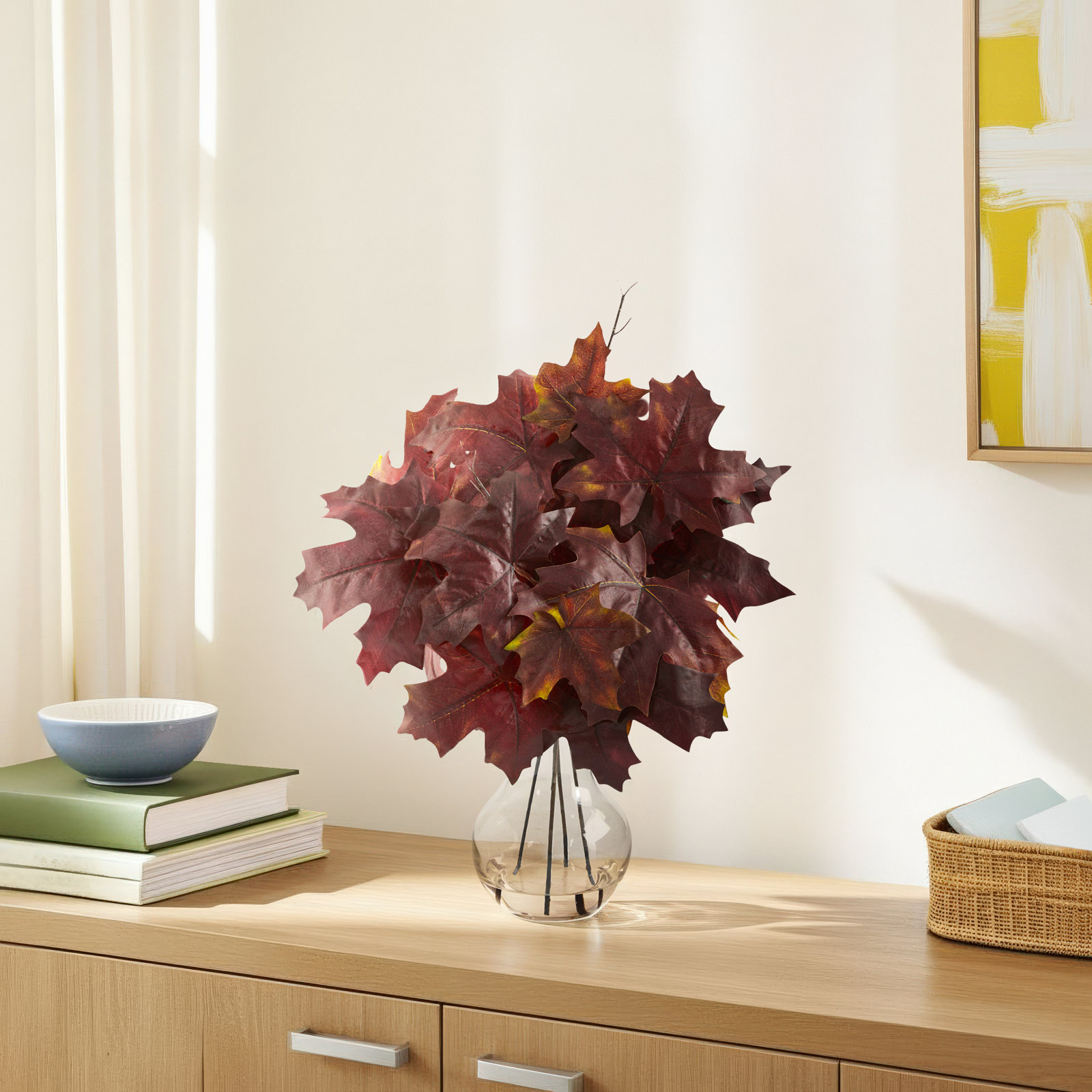 10'' Faux Maple Plant in Glass Vase, Burgundy