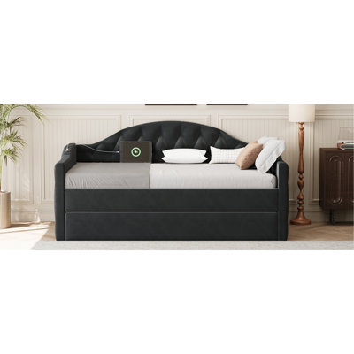 Lit de jour simple rembourré capitonné avec couchette, canapé-lit en velours avec ports USB et ports de charge de type C, aucun sommier nécessaire