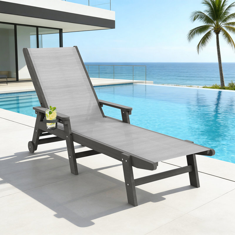 All-Weather HDPE & PVC-coated polyester Patio Chaise Lounge Chair with Arms, 5-Position Adjustable Backrest, Wheels & Built-In Cup Holder