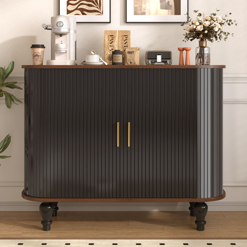 39" Fluted Sideboard Bar Cabinet With 6 Wine Racks, Black/Walnut, 29.65" H x 39.37" W x 15.75" D