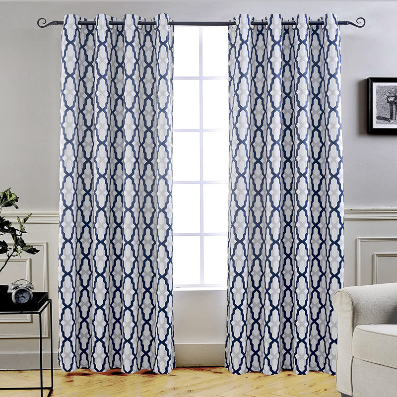 Elfrida Geometric Room Darkening Thermal Grommet Curtain Panels, 52" W x 84" L, Navy
