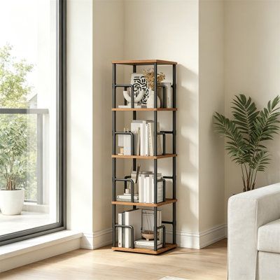 Tablette d'angle, bibliothèque rotative à 4 niveaux, bibliothèque d'angle autoportante, bibliothèque pivotante à 360 °, support de rangement de style industriel avec rails, pour salon, chambre à coucher, bureau