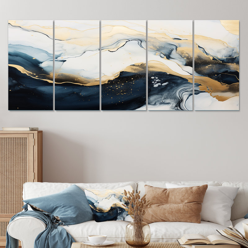 Encre de marbre abstraite dorée et bleue II - marbre abstrait, ensemble d'art mural 5 pièces, H 32 po x l 80 po