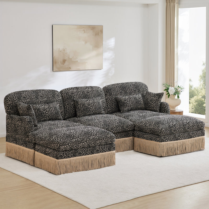 Comfy Chenille Leopard Printing U-Shaped Sofa, Kaki, H 34,6 po x l 100,3 po x l 55,4 po