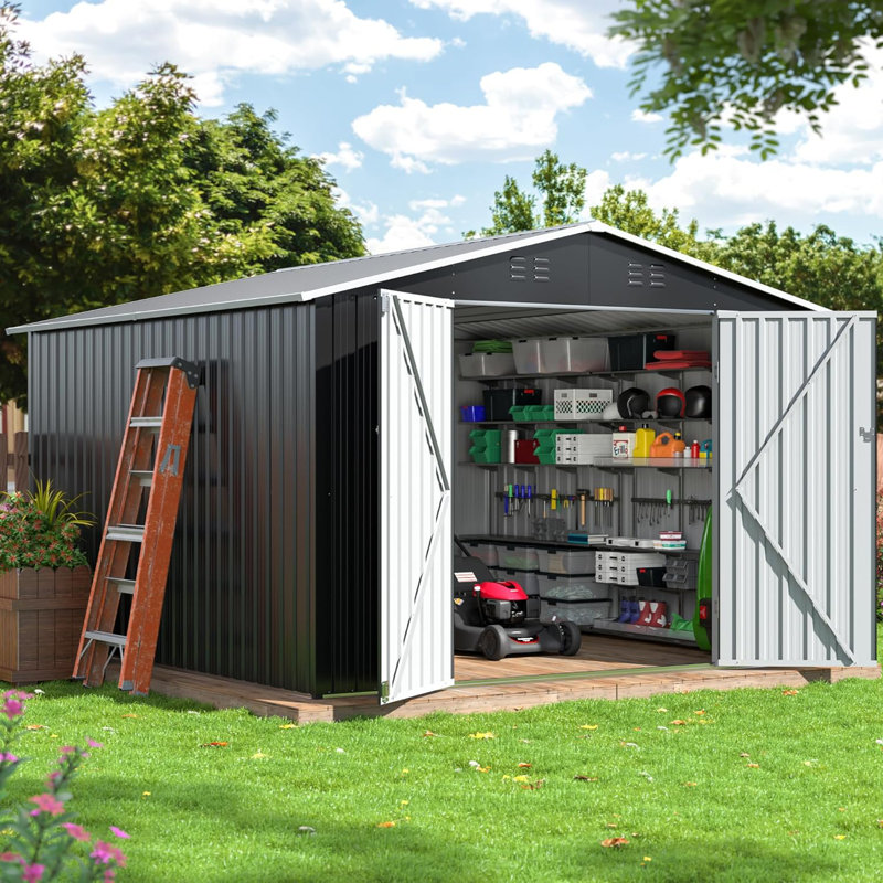 Remise de rangement extérieure en métal avec structure de cadre et portes verrouillables, H 80,3 po x l 119,3 po x P 96,9 po