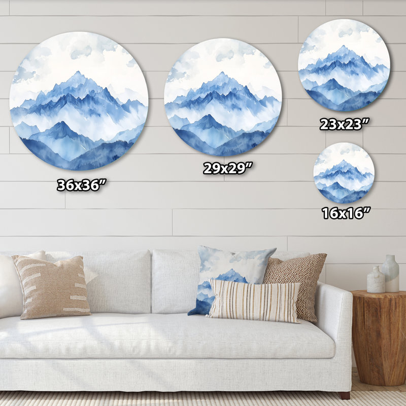 Hiver bleu blanc montagne majestueux - chalet rond rustique, art mural bleu salon, H 16 po x l 16 po