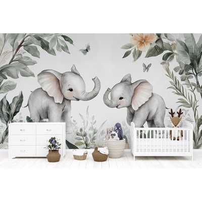Cute Baby Elephants Wallpaper – Watercolor Jungle Elephant Wall Mural, Soft Safari Nursery Animals Decor, Leaves Floral Background