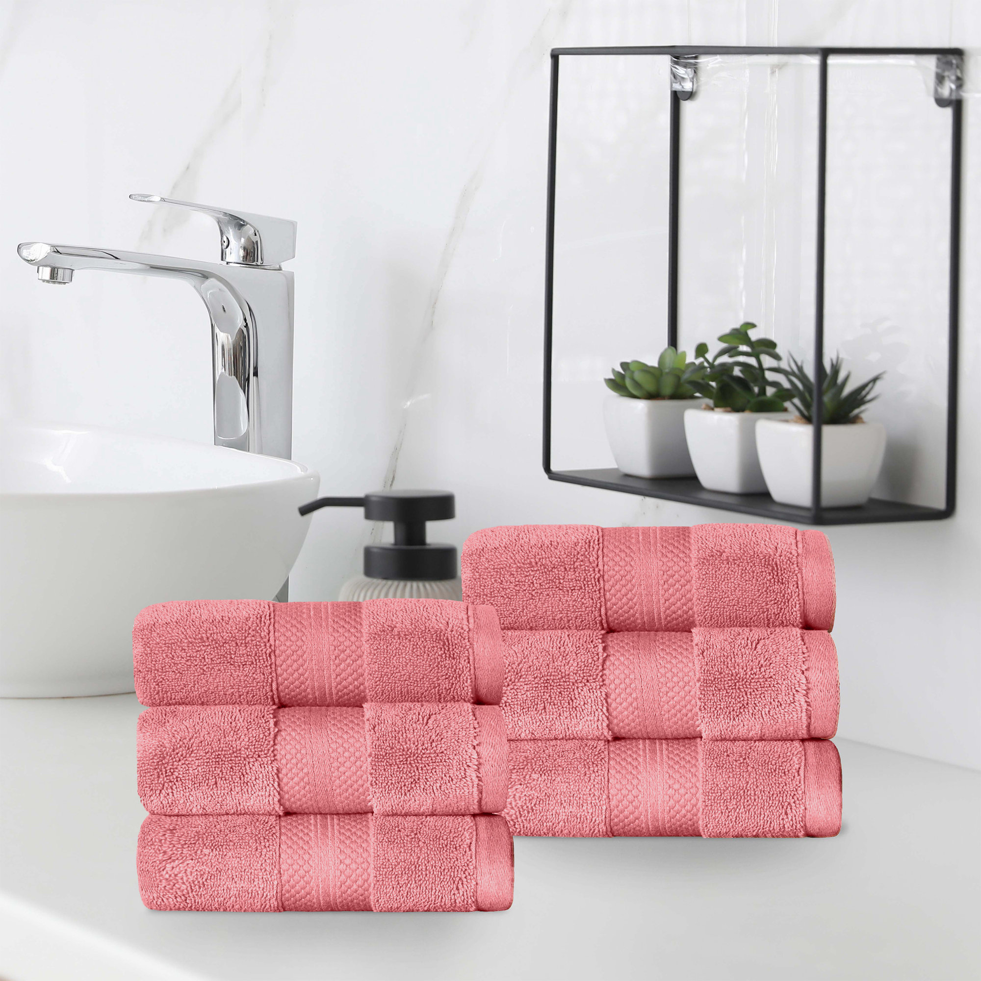 Finnian Ultra-Plush Heavyweight, 100% Turkish Towel Collection, Coral Pink, Hand Towels - 6 Pack