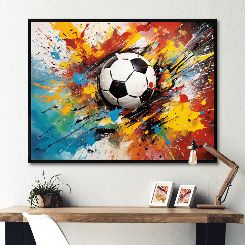 Abstraction soccer ball - décoration murale soccer, H 24 po x l 32 po x P 1 po, Cadre flottant noir