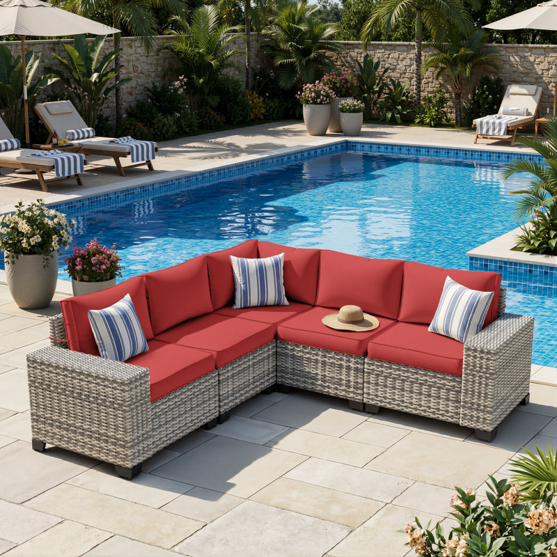 5-Person All-Weather PE Wicker Outdoor Sectional Sofa Set With Cushions And Wide Armrests, Red