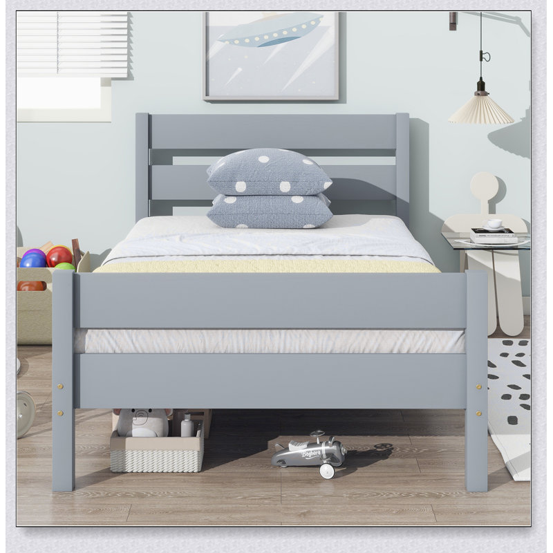 Lit avec tête et pied de lit, lit en bois d'hévéa, gris