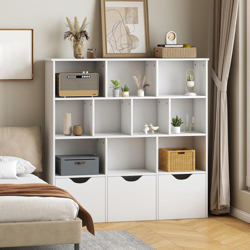 48" Kids Bookshelves and Bookcases, Multifunctional Bookcase with 10 Storage Cubbies and 3 Roller Drawers, White for Nursery, Classroom(11.8" D x 47.2" W x 46.6" H)