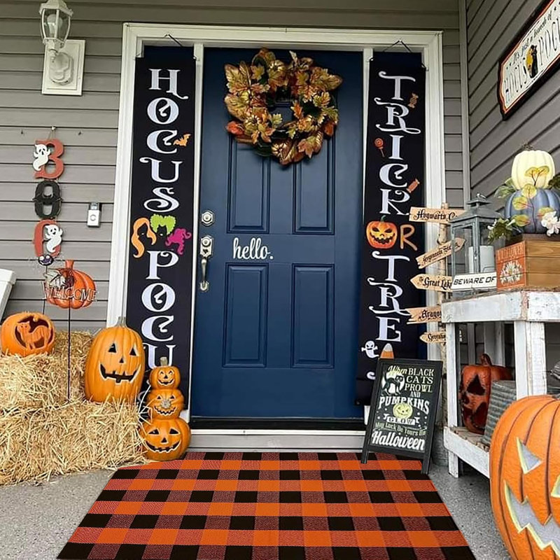 Plaid Thanksgiving Doormat, Orange and Black Plaid