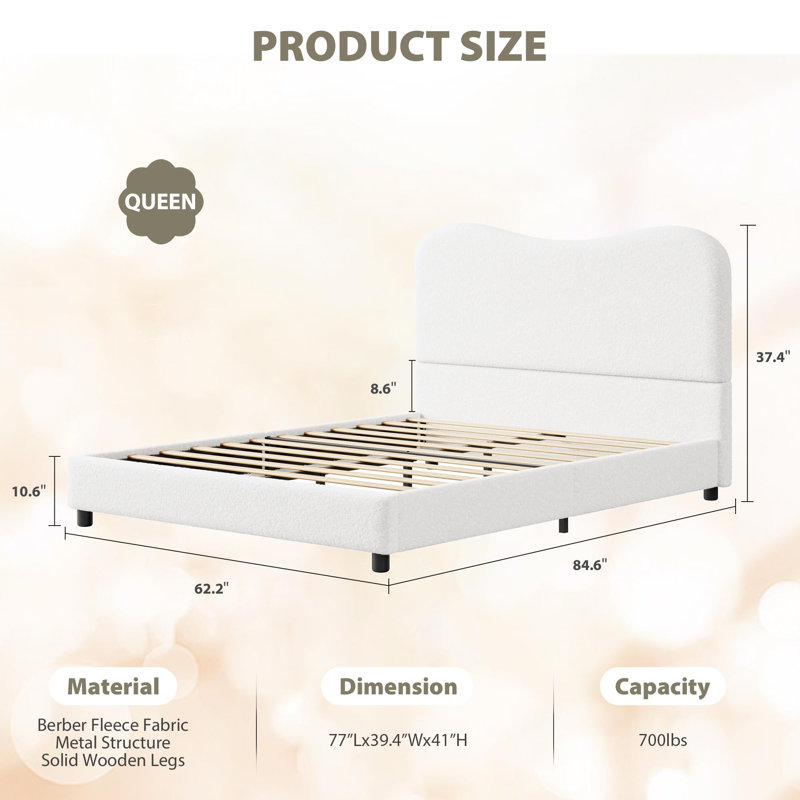 Structure de lit avec tête de lit tapissier, lit plateforme robuste à profil bas avec tissu bouclé doux, Grand lit, Beige