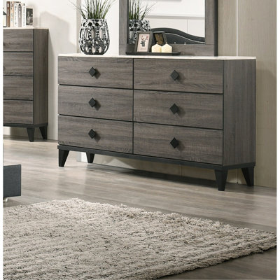 Commode de meuble de chambre à coucher moderne de conception moderne avec 1 seule poignée de poignées et 6 tiroirs avec plateau de rangement en faux marbre gris