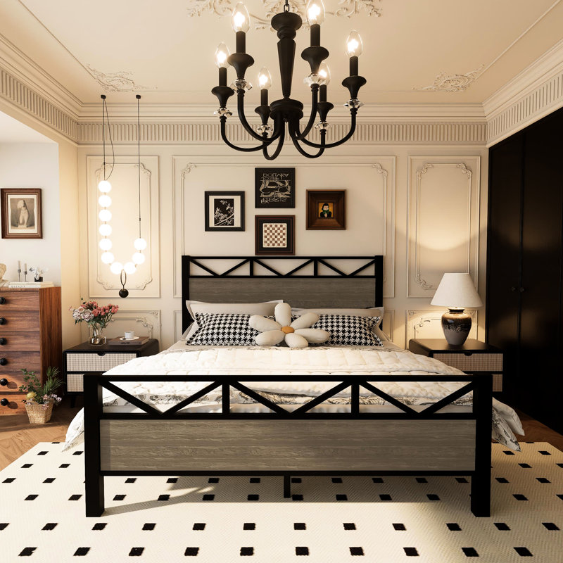 Industrial, Brown, Full Size Bed Frame, , Metal Multiple Support Legs, Rails, Headboard, , Bedroom Style, Fast Setup, Included Parts Industrial Slats, Rails Installation In Your Room