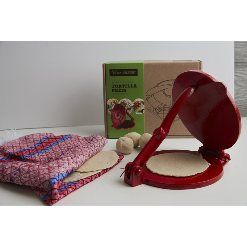 Red 6" Cast Iron Tortilla Press Kit with Napkin