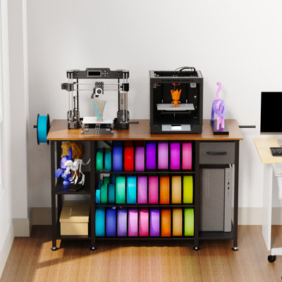 Support pour imprimante 3D brun 51,2 pouces de large avec station de charge, rangement de filament et tiroir