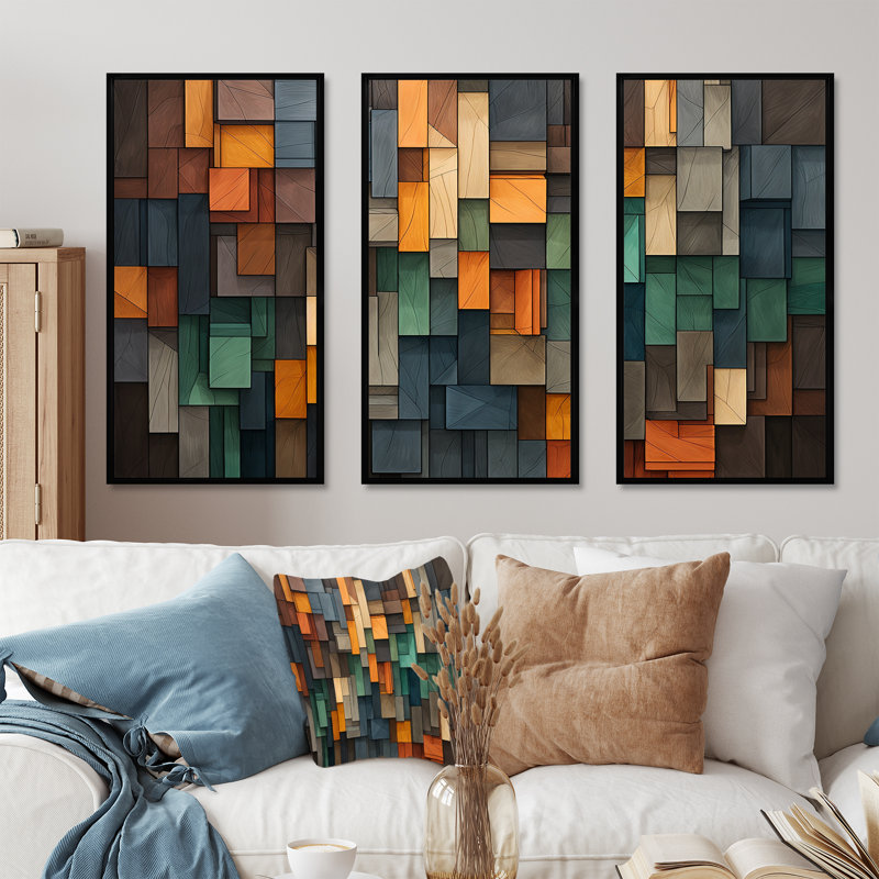 Vert et jaune mosaïque cubes pluie - tuile abstraite, art mural, H 28 po x l 36 po x P 1 po, Cadre flottant noir