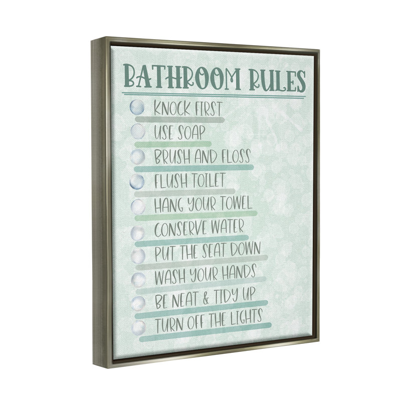 «Bathroom Rules on Green», H 31 po x l 25 po x P 1,7 po, Cadre flottant gris lustré