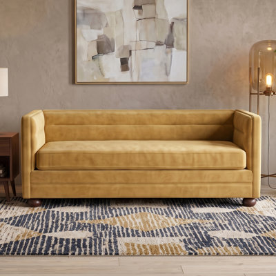 77.2" Modern 3 Seater Sofa Chenille Upholstered Couch with Square Arms, Camel Back & Brown Rubber Wood Leg Single Cushion Sofa for Living Room and Apartment Leisure Corner, Yellow