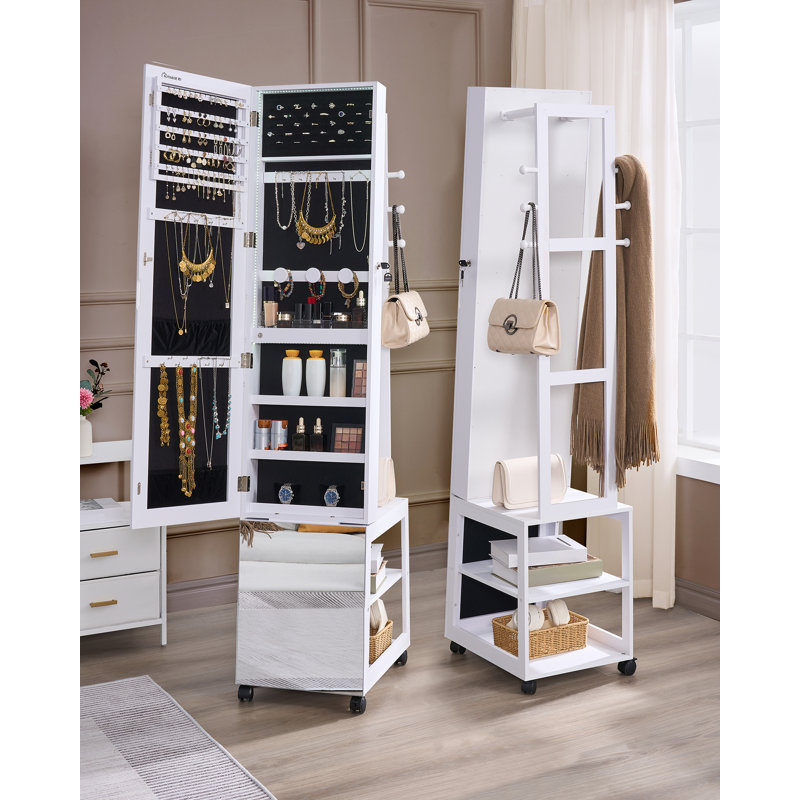8 LEDs Mirror Jewelry Armoire, Jewelry Organizer with Garment Rack, Lockable Full-length Mirror with 4 Wheels, Storage Shelves with Hooks, 5-in-1, White and Black