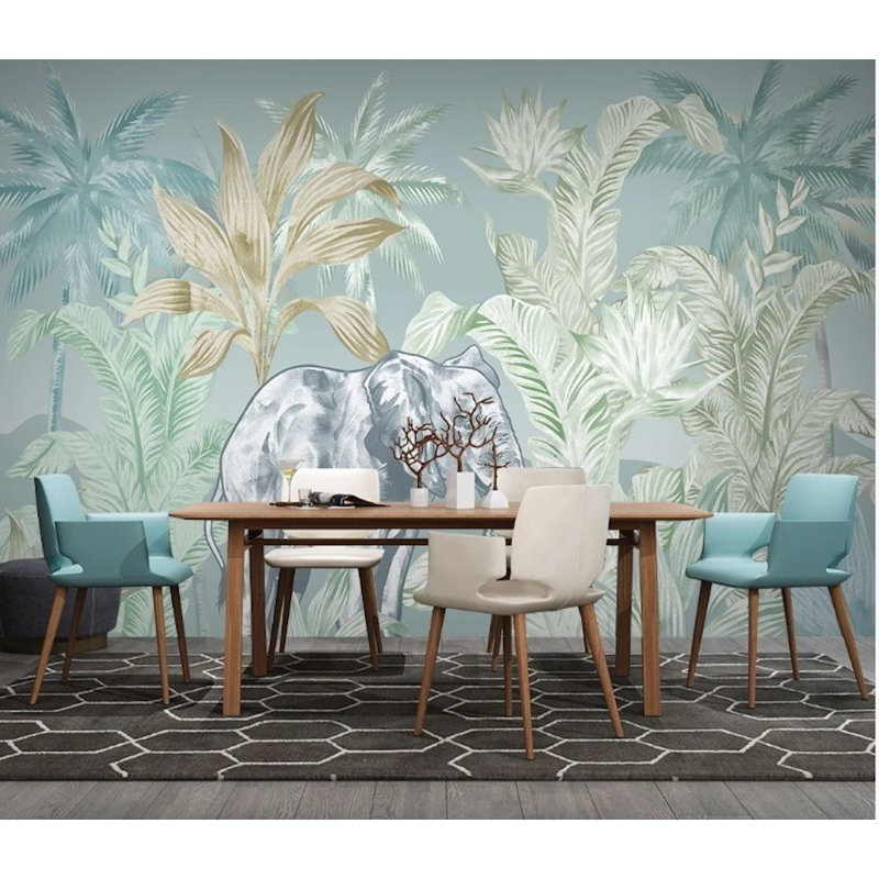 Papier peint amovible bébé éléphant et feuilles tropicales, L 75 po x l 112 po